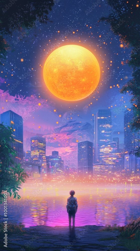 A dreamy night by the lake with a glowing moon illuminating a vibrant city skyline A dreamy night by the lake with a glowing moon illuminating a vibrant city skyline