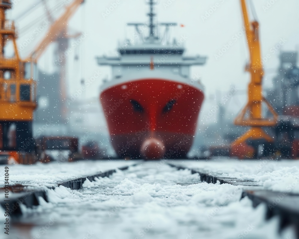 Shipyard with specialized icebreaker vessel being built, extreme conditions, niche ship construction Shipyard with specialized icebreaker vessel being built, extreme conditions, niche ship construction