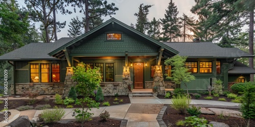 Craftsman home with a forest green exterior, stone foundation, and an inviting front yard with mature trees.