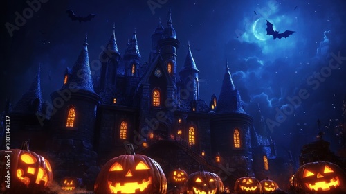 A haunted castle with bats in the night sky and glowing jack-o-lanterns on the ground, perfect for a spooky Halloween atmosphere.