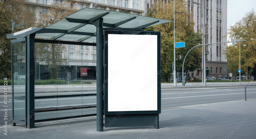 Blank white billboard on glass bus stop shelter on the street. Blank white billboard on glass bus stop shelter on the street.