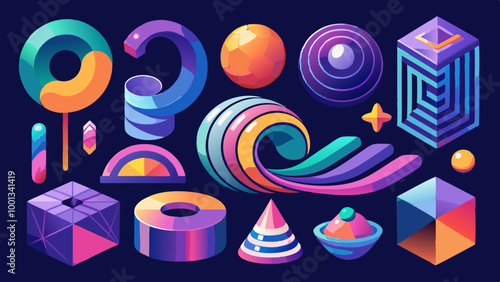 A set of  abstract colorful realistic 3D objects. Gradient lines, geometric and fluid shapes, spirals, arrow. Vector set icons stock illustration 