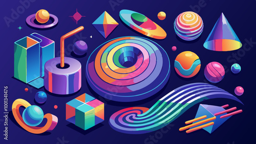 A set of  abstract colorful realistic 3D objects. Gradient lines, geometric and fluid shapes, spirals, arrow. Vector set icons stock illustration 