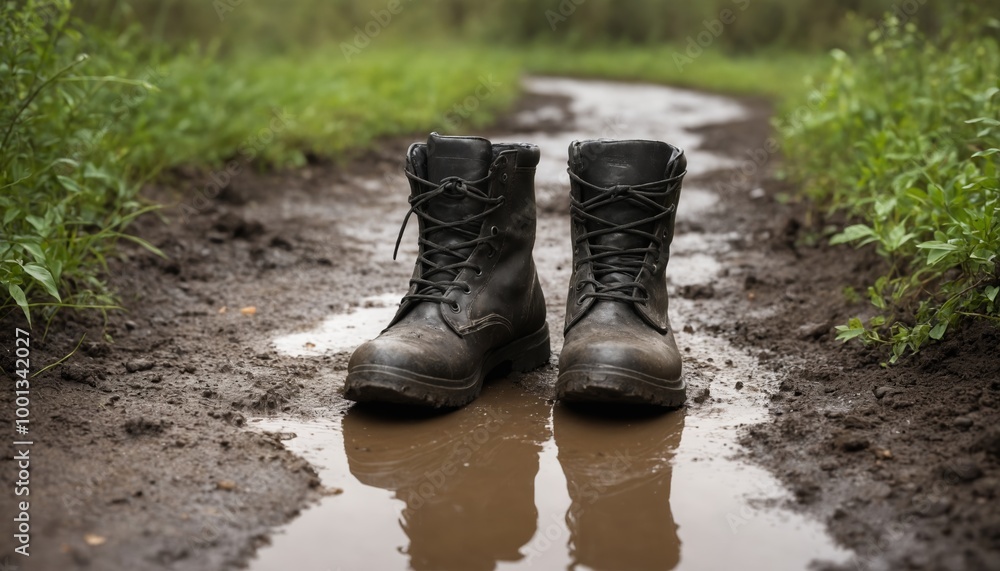 Exploring the muddy trail in robust black boots on a rainy day amidst lush greenery Exploring the muddy trail in robust black boots on a rainy day amidst lush greenery