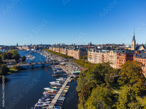 Photography Strandvägen, famous street of Stockholm, early autumn, from above, with late 19th century buildings and an alley of green trees