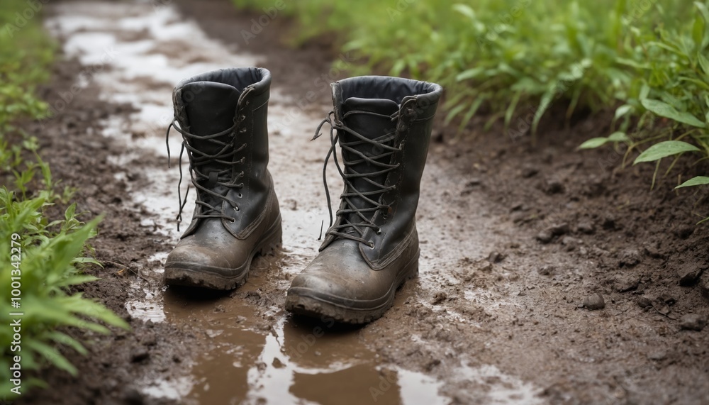 Exploring the muddy trail in robust black boots on a rainy day amidst lush greenery Exploring the muddy trail in robust black boots on a rainy day amidst lush greenery