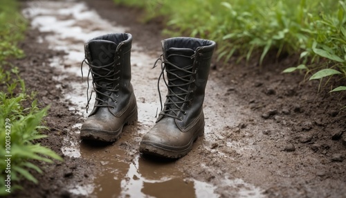 Exploring the muddy trail in robust black boots on a rainy day amidst lush greenery