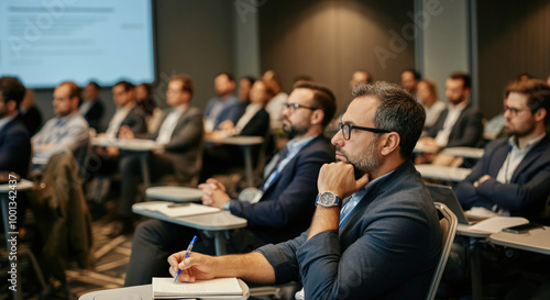 Man sits in a conference room and takes notes with group of people in the background.