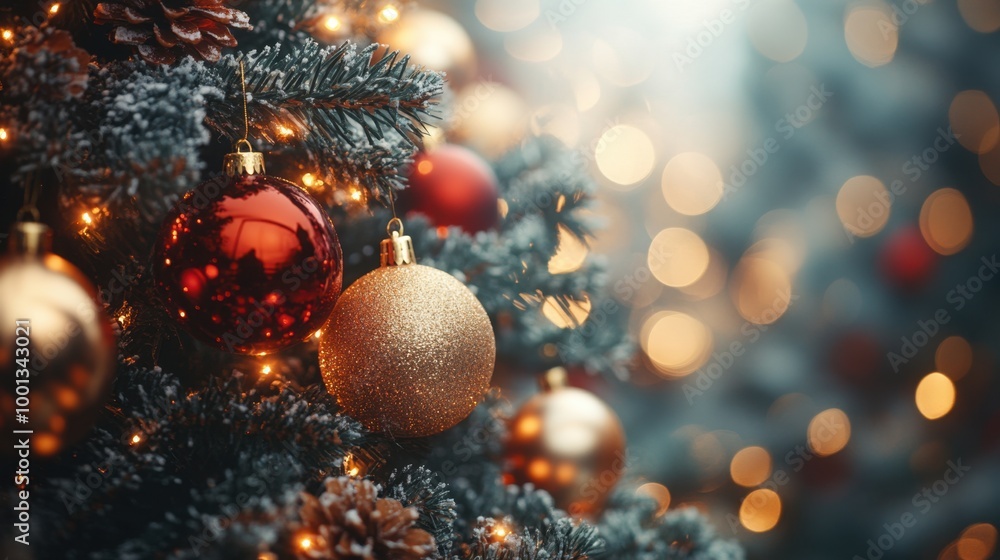 Close-up of a beautifully decorated Christmas tree, decorated with colorful balls and twinkling lights, creating a festive atmosphere. Close-up of a beautifully decorated Christmas tree, decorated with colorful balls and twinkling lights, creating a festive atmosphere.