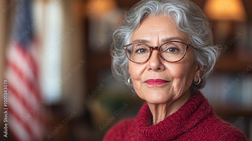 Portrait of a Confident Elderly Woman with Glasses in a Cozy Home Setting with American Flag in Background Portrait of a Confident Elderly Woman with Glasses in a Cozy Home Setting with American Flag in Background