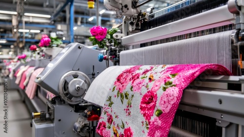 Vibrant textile manufacturing machine with pink floral fabric in a modern factory setting. photo