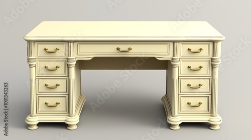 White Wooden Desk with Gold Handles and Drawers