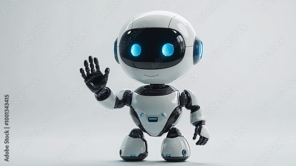 Friendly White and Black Robot Waving Hand with Blue Lights on a Clean White Background Friendly White and Black Robot Waving Hand with Blue Lights on a Clean White Background