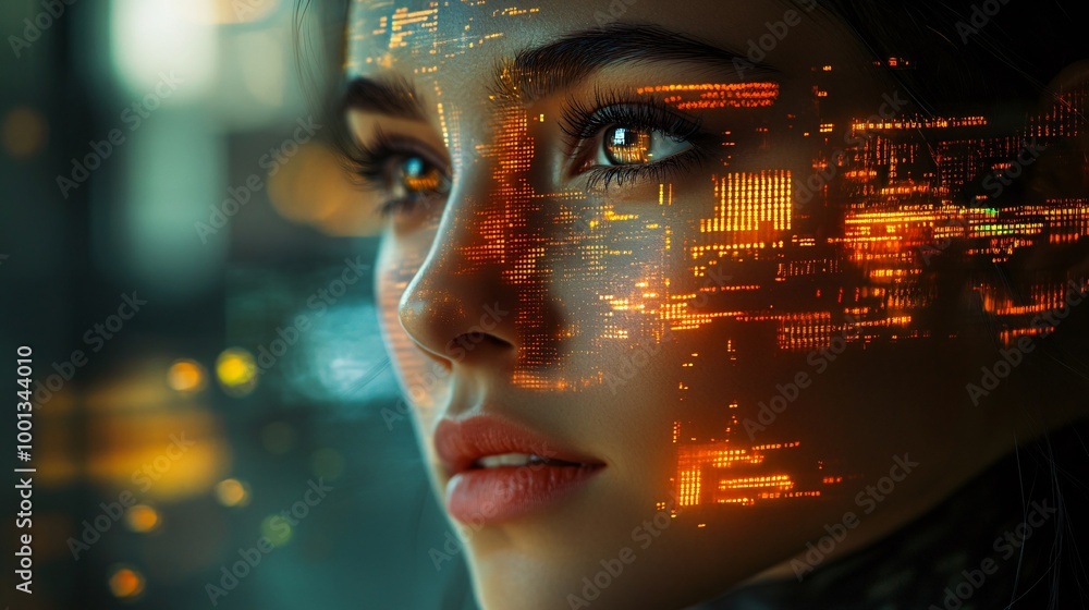 Futuristic Woman with Digital Interface Reflections on Face, Concept of Technology and Artificial Intelligence Futuristic Woman with Digital Interface Reflections on Face, Concept of Technology and Artificial Intelligence