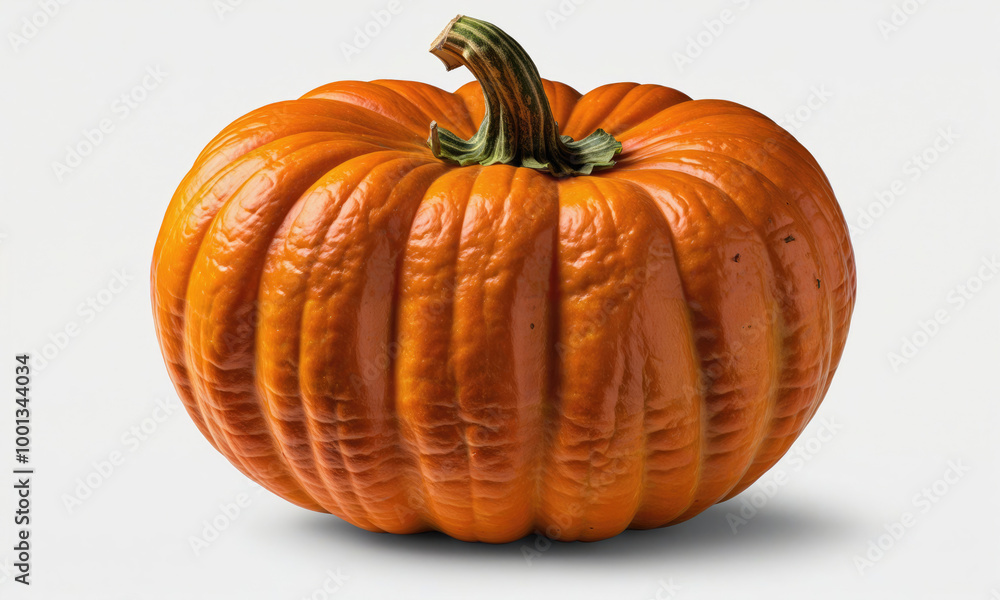 A small, orange pumpkin sits on a white background A small, orange pumpkin sits on a white background