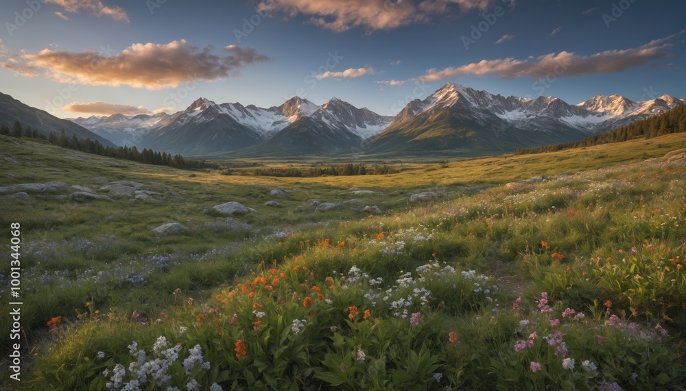 Fototapeta premium Breathtaking mountain landscape during golden hour, adorned with wildflowers and surrounded by majestic peaks in a secluded valley
