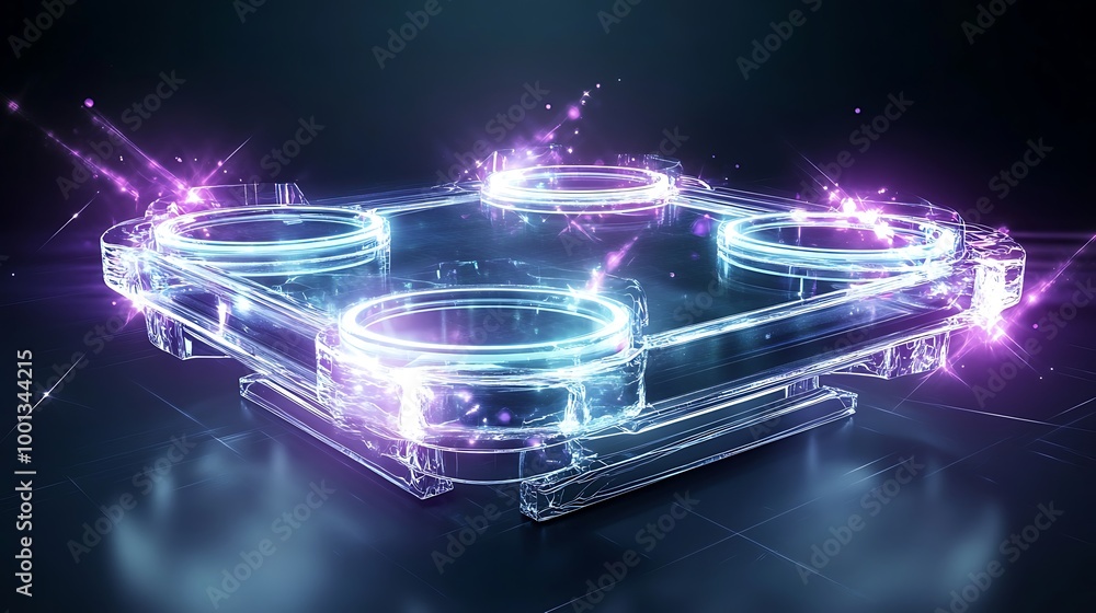 A glowing, transparent, futuristic drone with neon lights. A glowing, transparent, futuristic drone with neon lights.