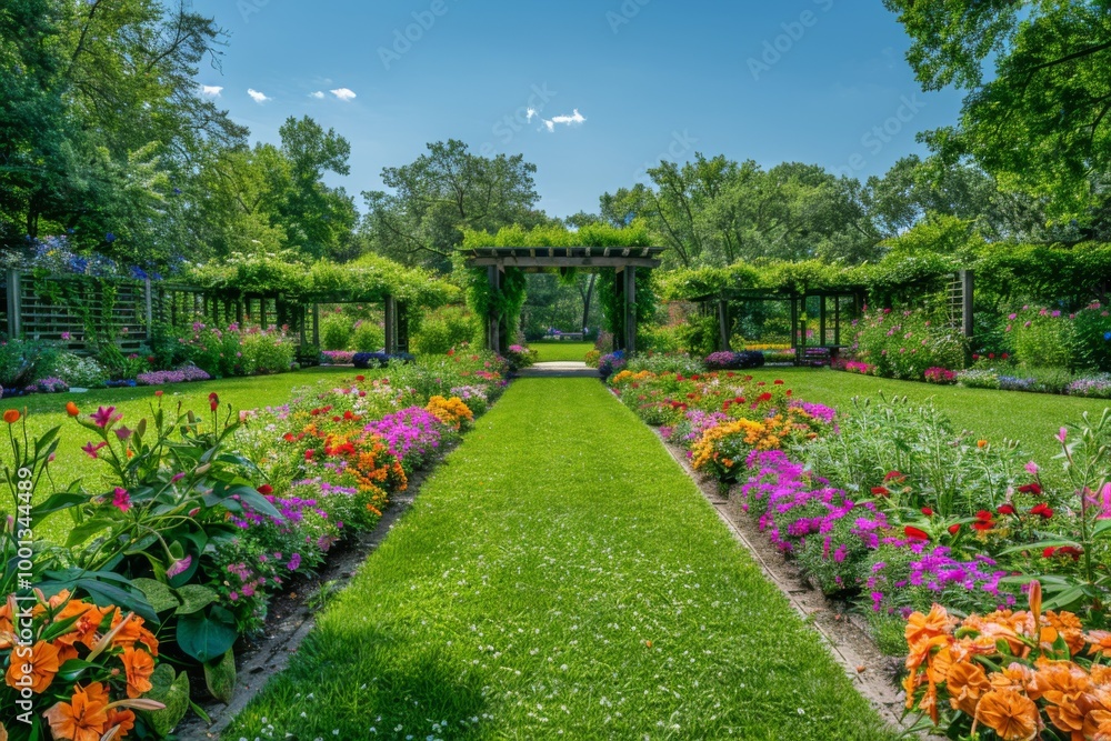Fototapeta premium Lush Garden with Arbor and Colorful Flowers Under Clear Blue Sky