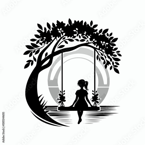 Silhouette of Girl  sitting on Tree Swing with Forest Animals and Falling Leaves.