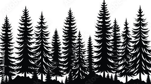 Evergreen trees forest silhouette, Seamless border. vector illustration on white background