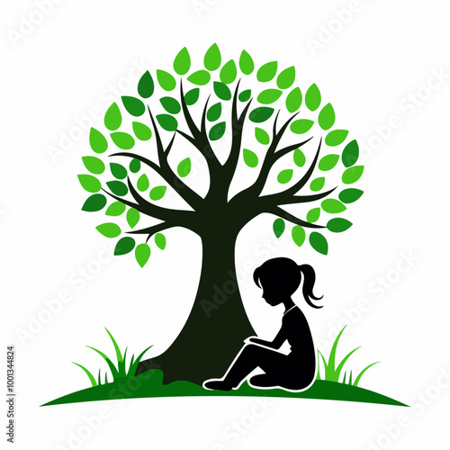 Stylized Girl Meditating Under Tree of Life with Heart and Falling Leaves.