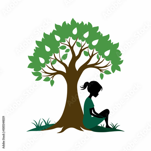 Stylized Girl Meditating Under Tree of Life with Heart and Falling Leaves.
