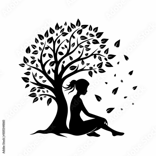 Stylized Girl Meditating Under Tree of Life with Heart and Falling Leaves.