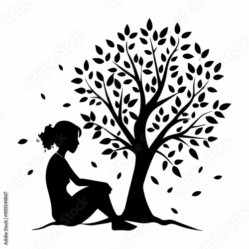 Stylized Girl Meditating Under Tree of Life with Heart and Falling Leaves.