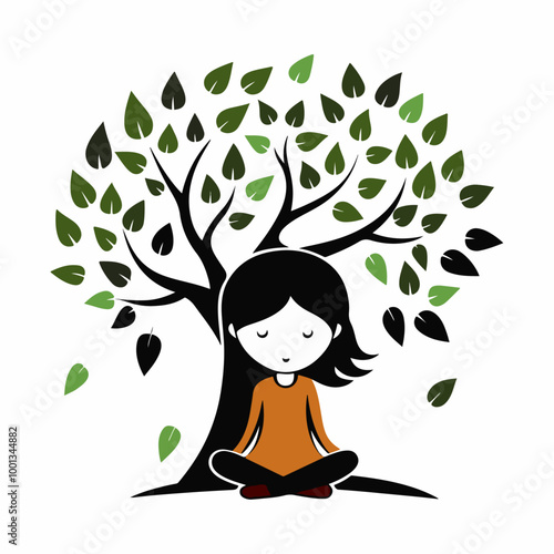 Stylized Girl Meditating Under Tree of Life with Heart and Falling Leaves.