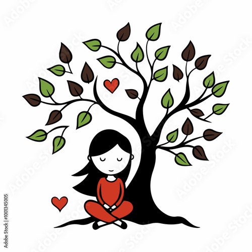 Stylized Girl Meditating Under Tree of Life with Heart and Falling Leaves.