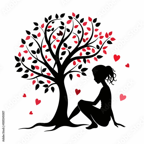 Stylized Girl Meditating Under Tree of Life with Heart and Falling Leaves.