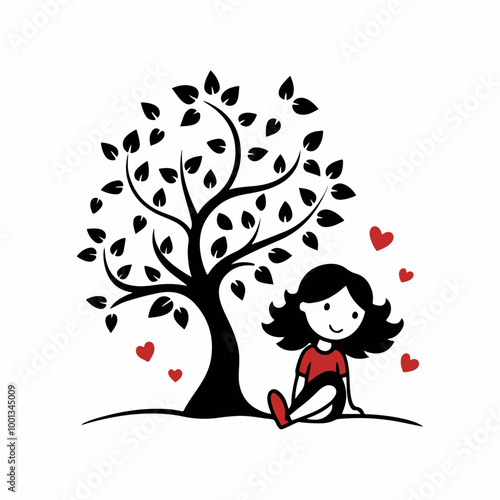 Stylized Girl Meditating Under Tree of Life with Heart and Falling Leaves.