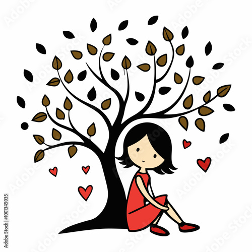 Stylized Girl Meditating Under Tree of Life with Heart and Falling Leaves.