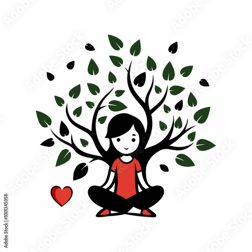 Stylized Girl Meditating Under Tree of Life with Heart and Falling Leaves.