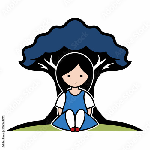 Stylized Girl Meditating of Life with Heart and Falling Leaves