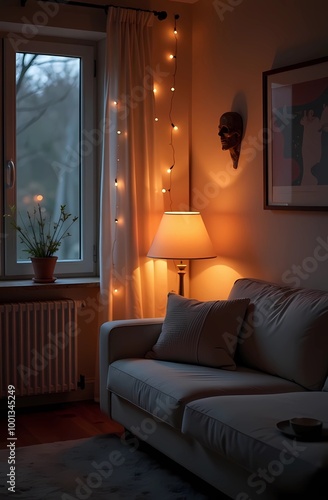Living room decorated with Christmas lights on the wall