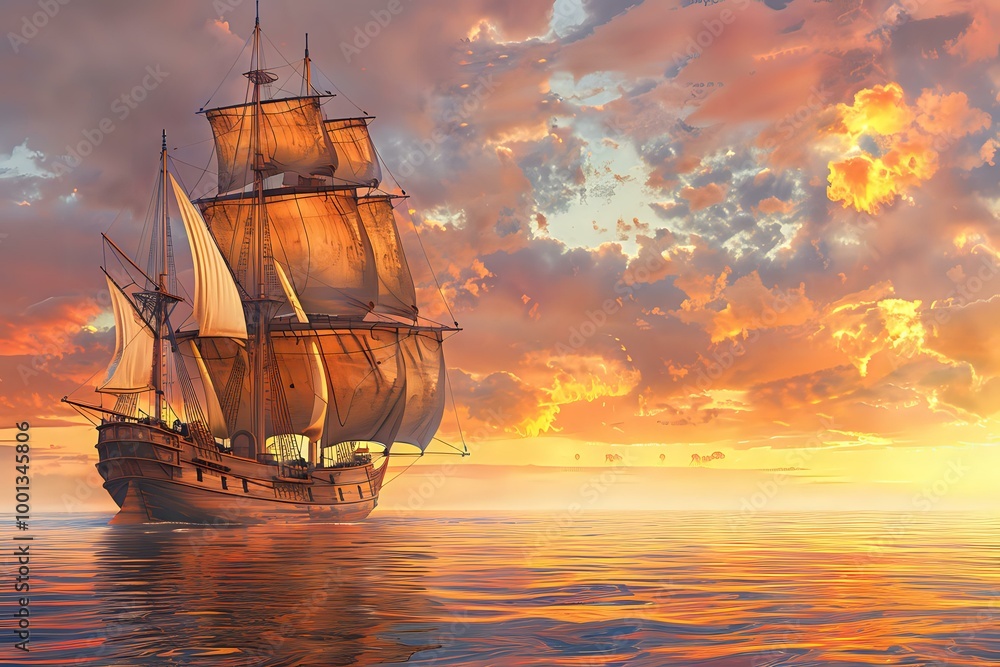 Obraz premium A majestic ship sailing on calm waters at sunset, surrounded by vibrant clouds.