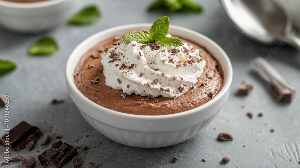 A gourmet dessert of chocolate mousse topped with whipped cream and mint, served in a white ceramic bowl. A gourmet dessert of chocolate mousse topped with whipped cream and mint, served in a white ceramic bowl.