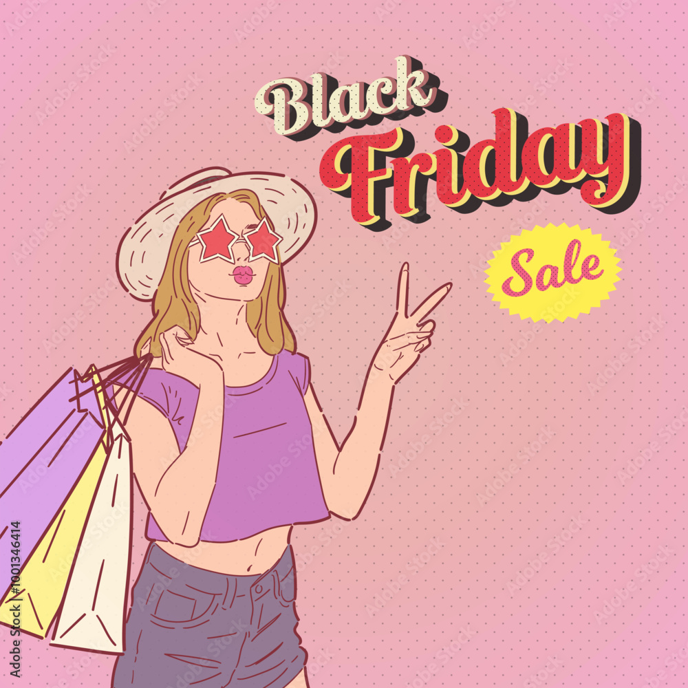 Black Friday sale promotion banner or flyer design with retro or pop art style illustration. Vector. Black Friday sale promotion banner or flyer design with retro or pop art style illustration. Vector.