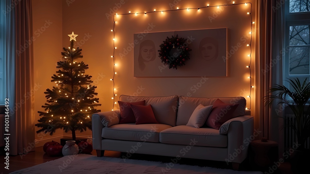 Living room decorated with Christmas lights on the wall Living room decorated with Christmas lights on the wall