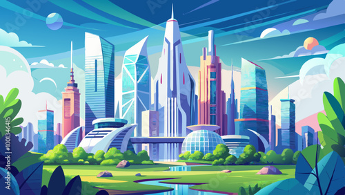 A futuristic cityscape with tall skyscrapers, modern architecture, and lush greenery amidst a bright, sunny sky with fluffy white clouds