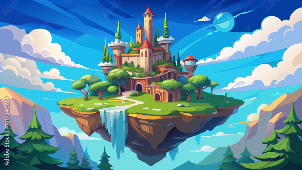 A floating island castle surrounded by lush greenery and clouds in the sky, with a fantastical and dreamlike atmosphere A floating island castle surrounded by lush greenery and clouds in the sky, with a fantastical and dreamlike atmosphere