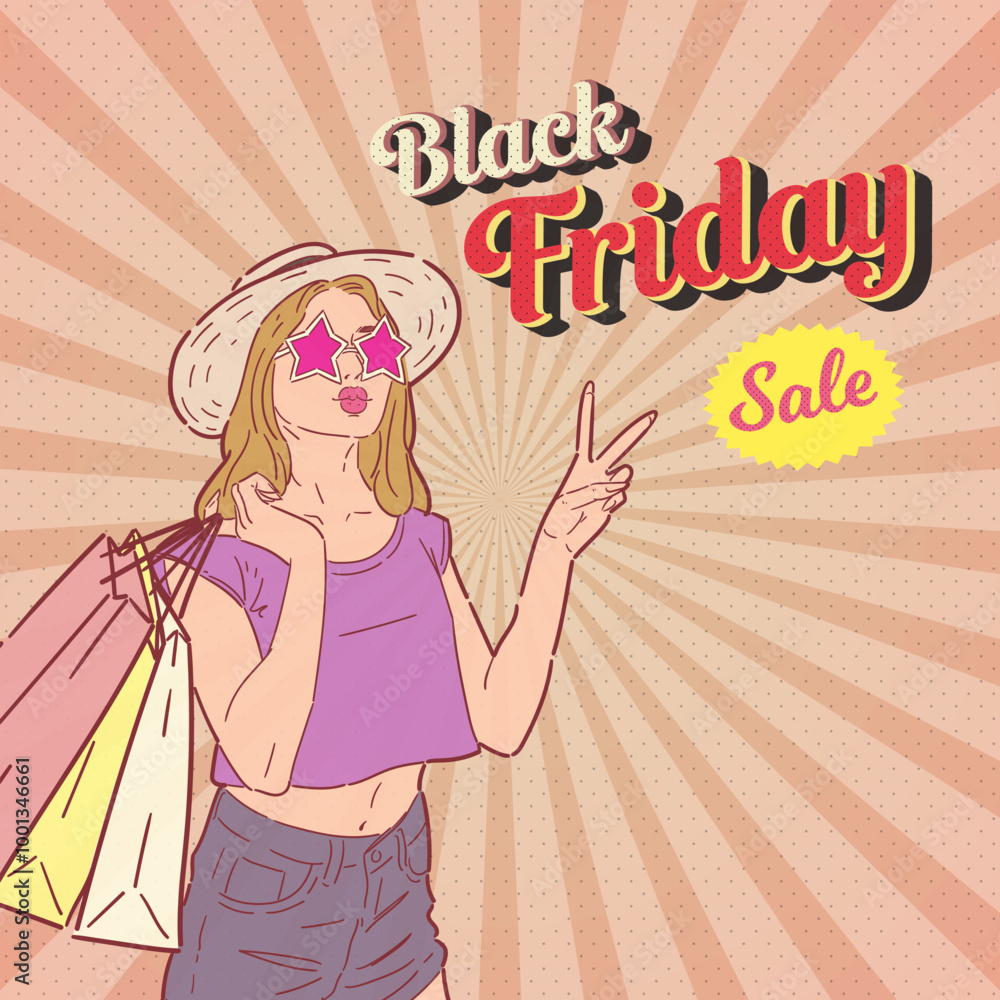 Black Friday sale promotion banner or flyer design with retro or pop art style illustration. Vector. Black Friday sale promotion banner or flyer design with retro or pop art style illustration. Vector.