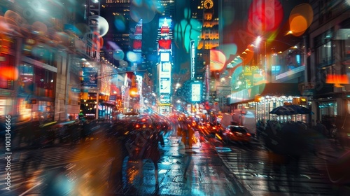 Vibrant night lights of new york city a dynamic urban scene full of color and movement