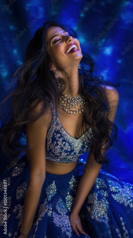 Portrait of Indian woman in royal blue lehenga with silver accents, laughing joyfully, with a royal blue to soft turquoise gradient glowing backdrop, Indian traditional Diwali festival, Diwali Portrait of Indian woman in royal blue lehenga with silver accents, laughing joyfully, with a royal blue to soft turquoise gradient glowing backdrop, Indian traditional Diwali festival, Diwali