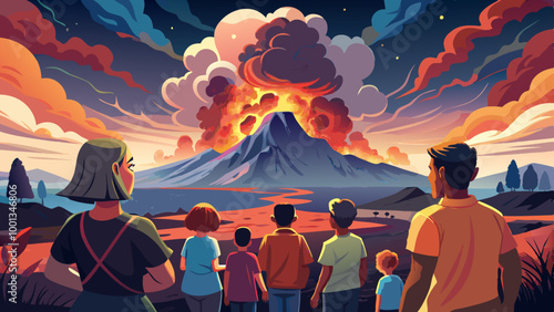 A group of people, likely a family, watching a massive volcanic eruption in the distance. The sky is filled with dark, billowing clouds of ash and smoke, creating an ominous and dramatic scene.