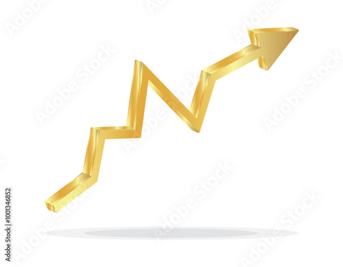 Golden shiny 3d arrow is going up isolated on a white background. Gold arrow, Vector.Business concept, growing chart. Concept of sales symbol icon with arrow moving up. Economic Arrow, Growing Trend.