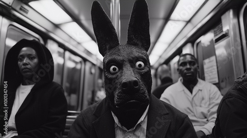 Anthropomorphic dog travels by subway, music album cover art, Generative AI
