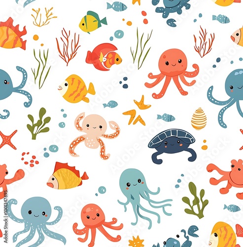 A seamless pattern of cute sea animals
