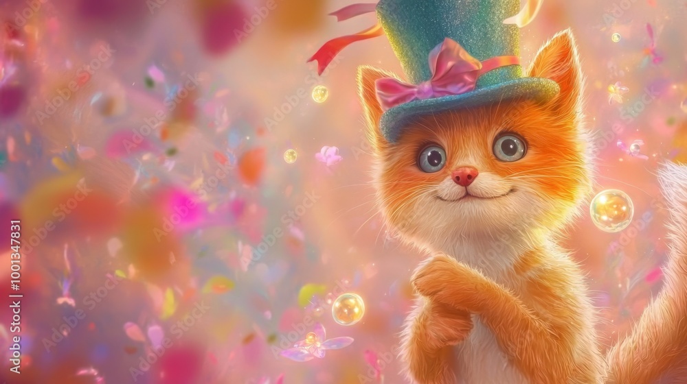 A cheerful fox with a colorful hat celebrates in a joyful, whimsical setting full of confetti A cheerful fox with a colorful hat celebrates in a joyful, whimsical setting full of confetti